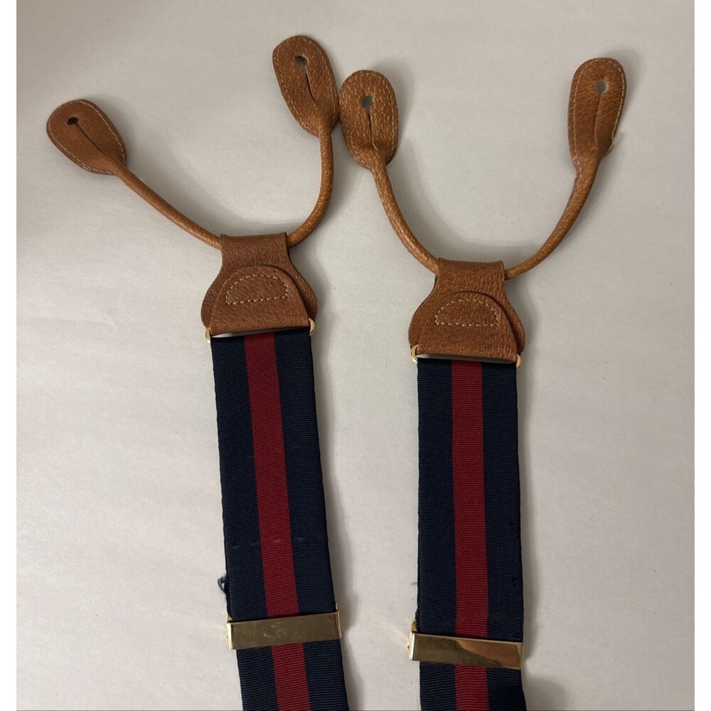 Trafalger Textured Navy Red Stripes Suspenders Gold Hardware Leather Attachments - Picture 2 of 12